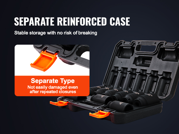 VEVOR impact socket set in a reinforced case with orange latches for stable storage and durability.