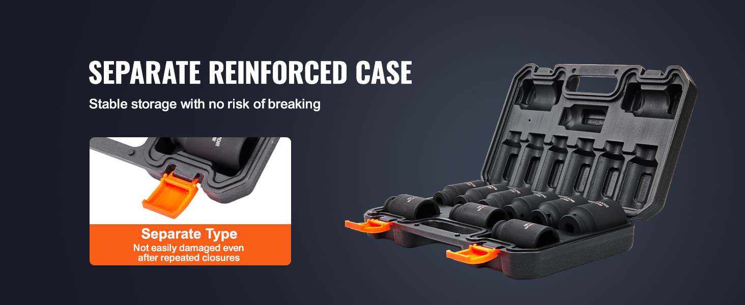 VEVOR impact socket set in a reinforced case with orange latches for stable storage and durability.