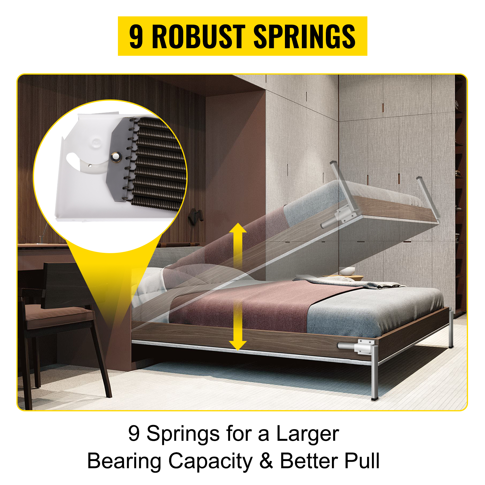 VEVOR murphy bed kit with 9 springs showing improved bearing capacity and pull.