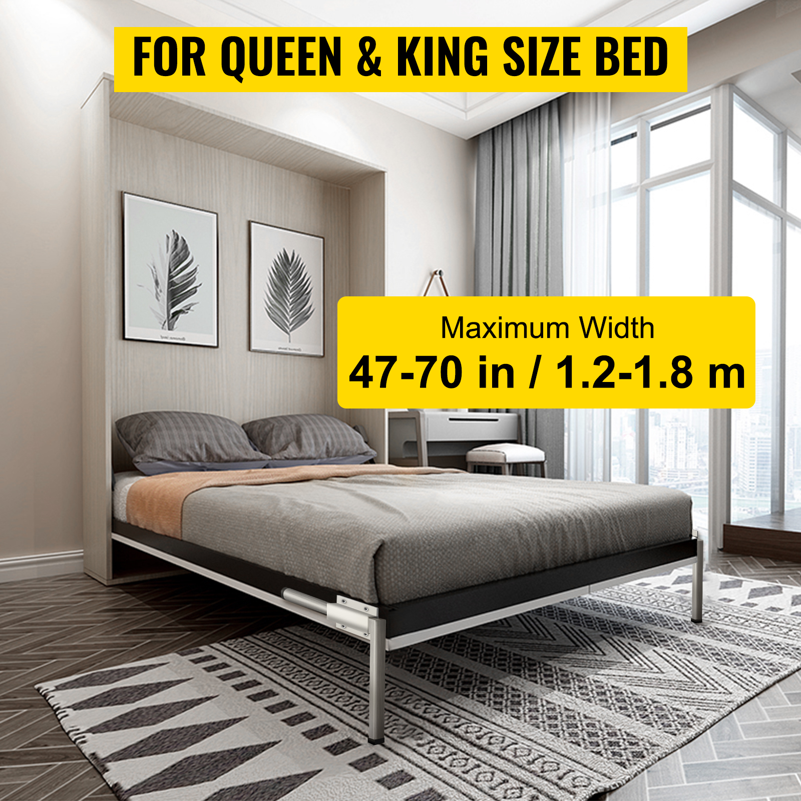 VEVOR murphy bed kit for queen and king size bed, max width 47-70 inches (1.2-1.8 m).