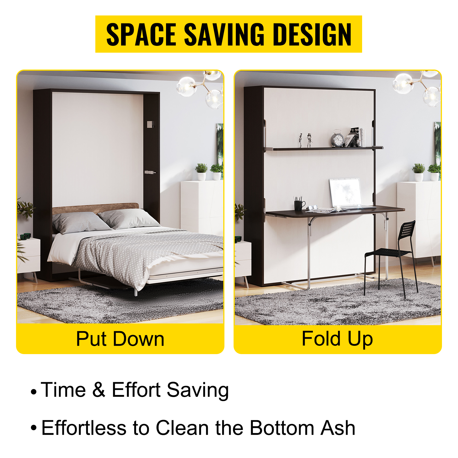 VEVOR murphy bed kit in use: left bed down, right bed folded with desk, space-saving design.