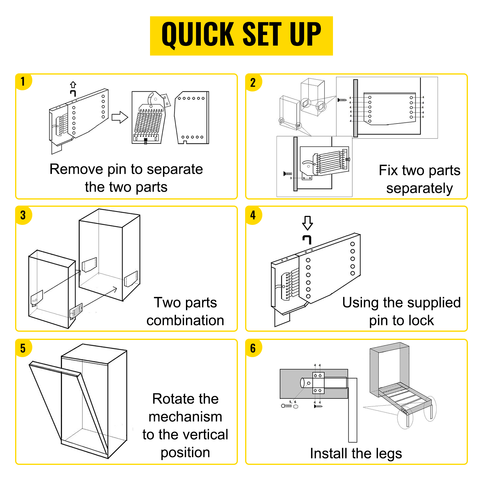 quick setup instructions for the VEVOR murphy bed kit with assembly and installation steps.