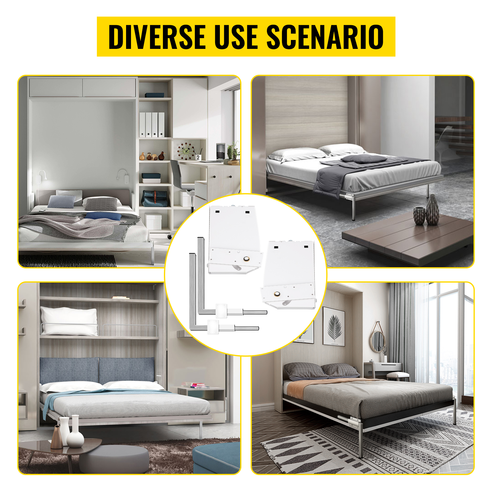 VEVOR murphy bed kit in various modern bedroom setups with storage and decor options.