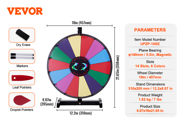 VEVOR spinning prize wheel with 14 slots, 6 colors, 18in diameter, and additional accessories.