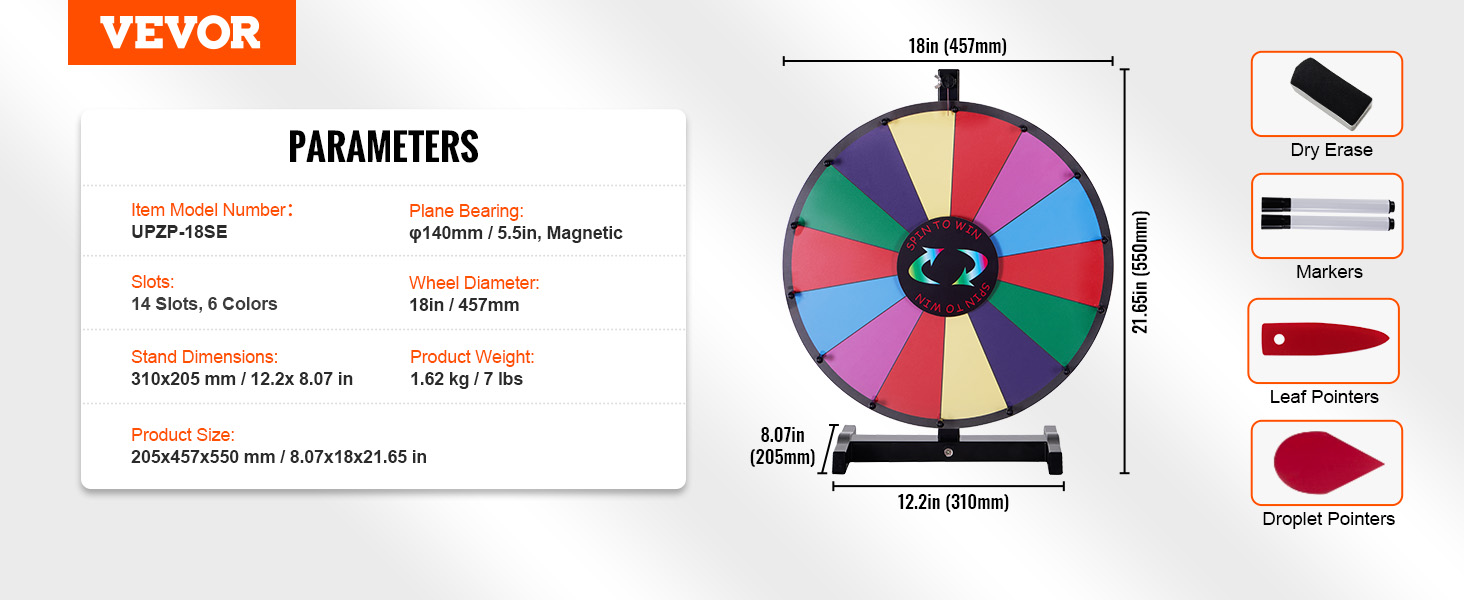VEVOR spinning prize wheel with 14 slots, 6 colors, 18in diameter, and additional accessories.