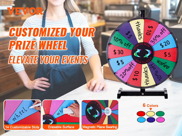 VEVOR spinning prize wheel with 14 customizable slots, erasable surface, and magnetic plane bearing.