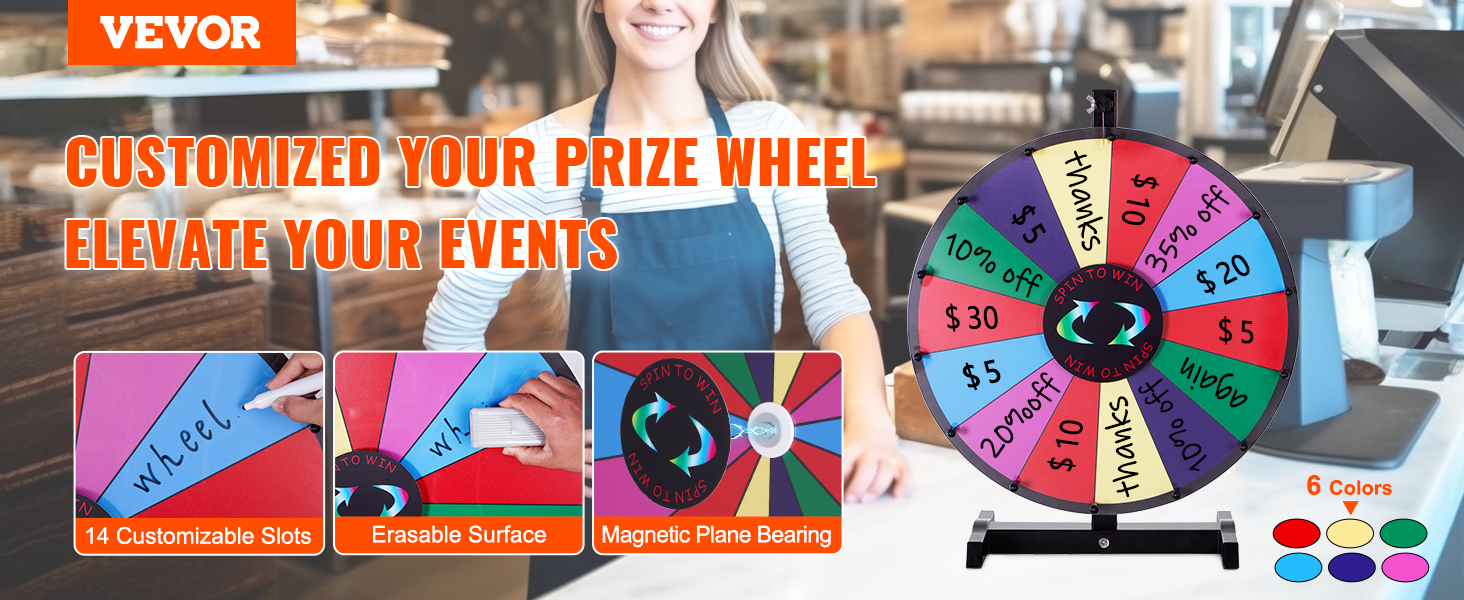 VEVOR spinning prize wheel with 14 customizable slots, erasable surface, and magnetic plane bearing.