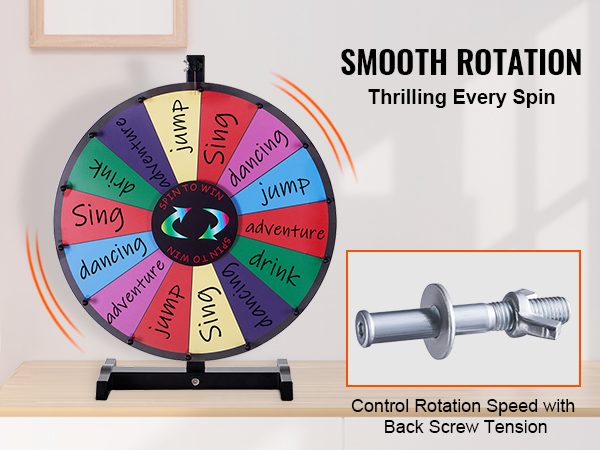 VEVOR spinning prize wheel with adjustable rotation speed, featuring vibrant color segments and sturdy base.