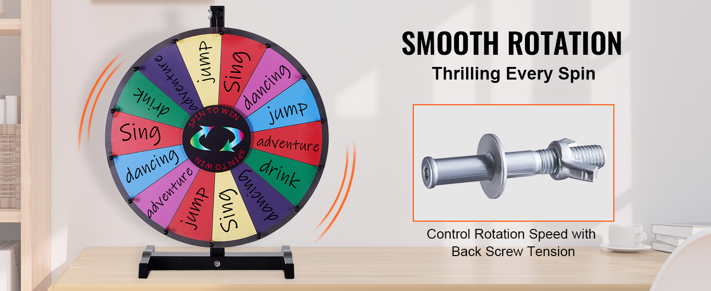 VEVOR spinning prize wheel with adjustable rotation speed, featuring vibrant color segments and sturdy base.