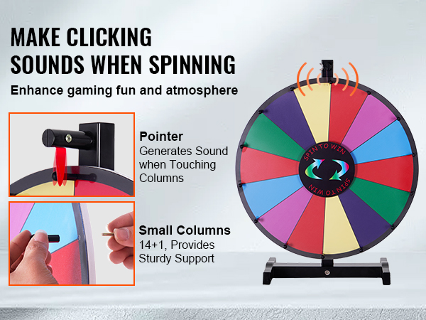 VEVOR spinning prize wheel with colorful sections, pointer for sound, and 14+1 sturdy small columns.