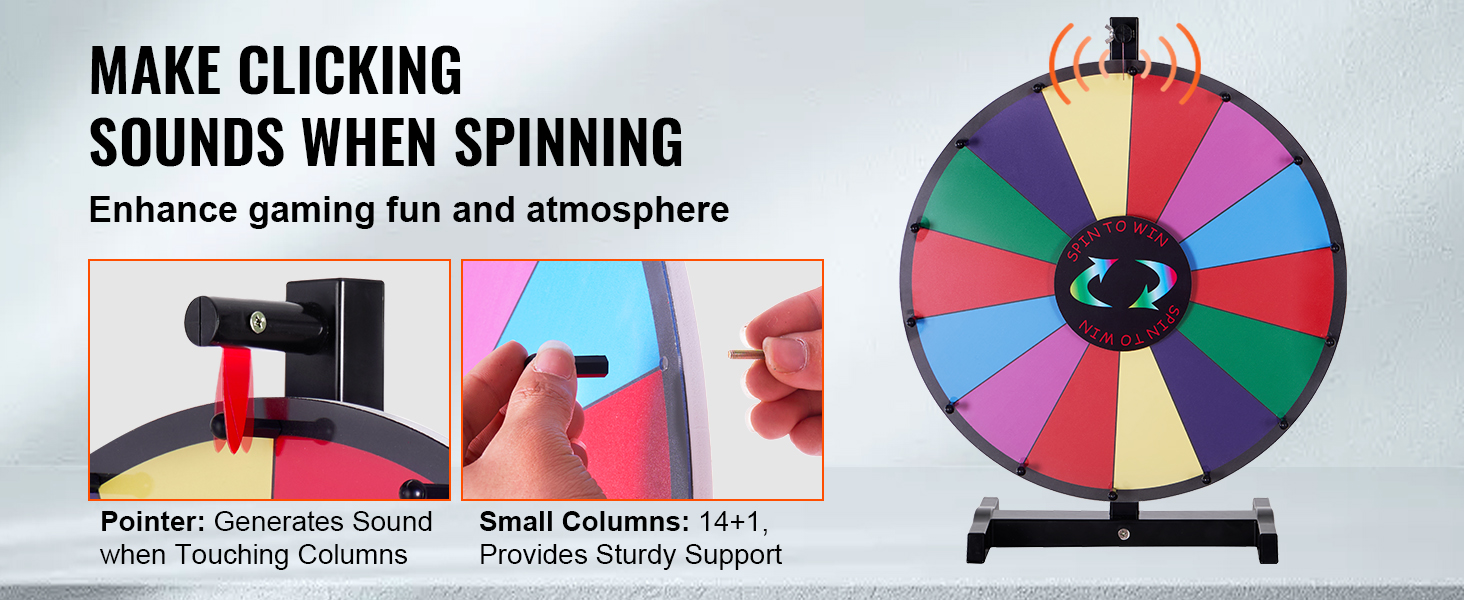 VEVOR spinning prize wheel with colorful sections, pointer for sound, and 14+1 sturdy small columns.