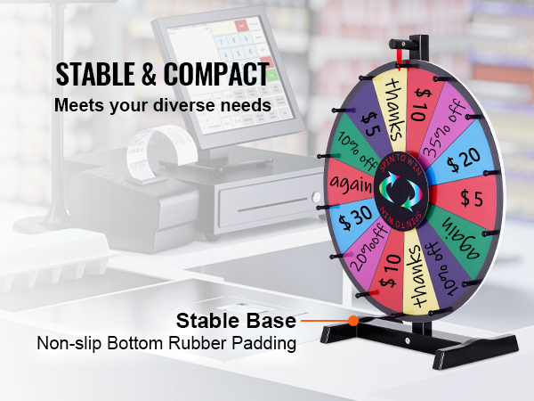 VEVOR spinning prize wheel on counter with stable base, vibrant sections, and store background.