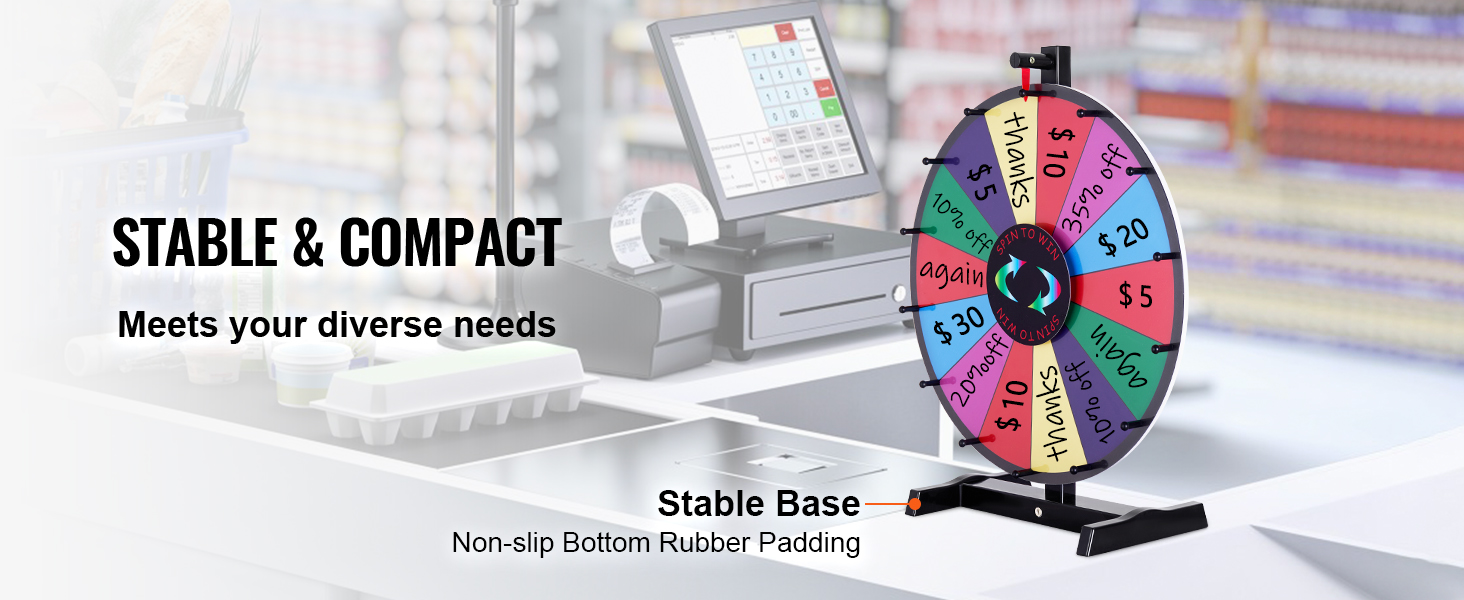 VEVOR spinning prize wheel on counter with stable base, vibrant sections, and store background.