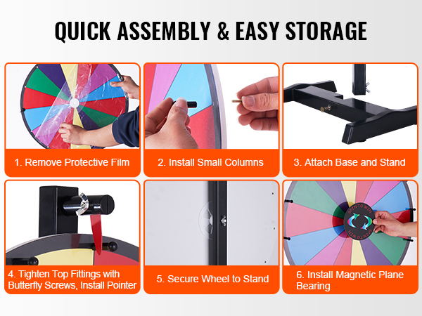 VEVOR spinning prize wheel assembly steps: remove film, install columns, attach base, secure wheel, add pointer.