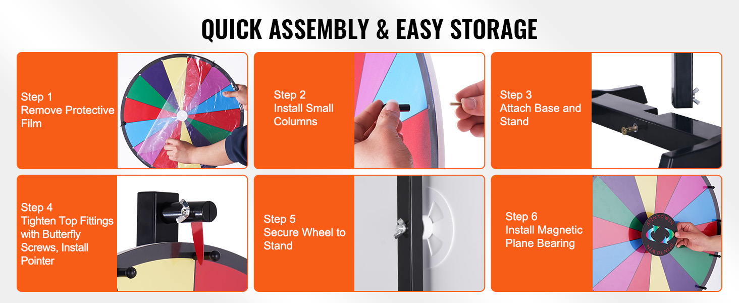 VEVOR spinning prize wheel assembly steps: remove film, install columns, attach base, secure wheel, add pointer.