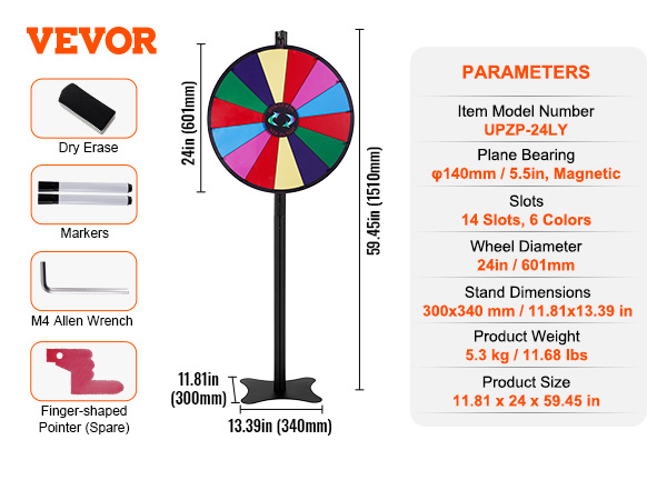 VEVOR spinning prize wheel with 14 slots, 24in diameter, stand, dry erase markers, and accessories.