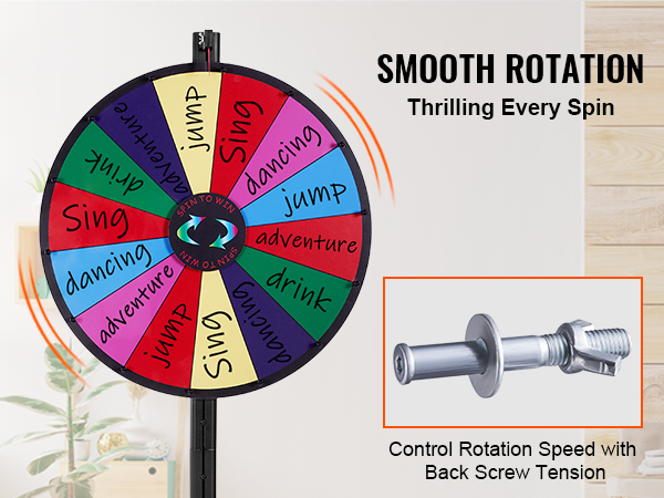 VEVOR spinning prize wheel with colorful sections for various activities, smooth rotation control.
