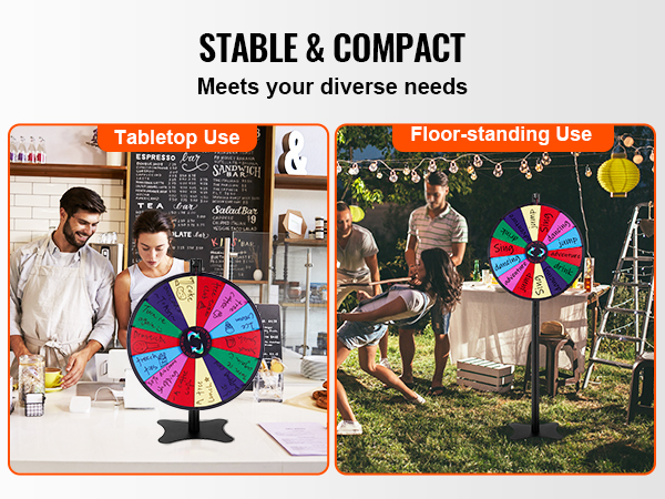 VEVOR spinning prize wheel for tabletop and floor-standing use, perfect for kitchen or outdoor events.