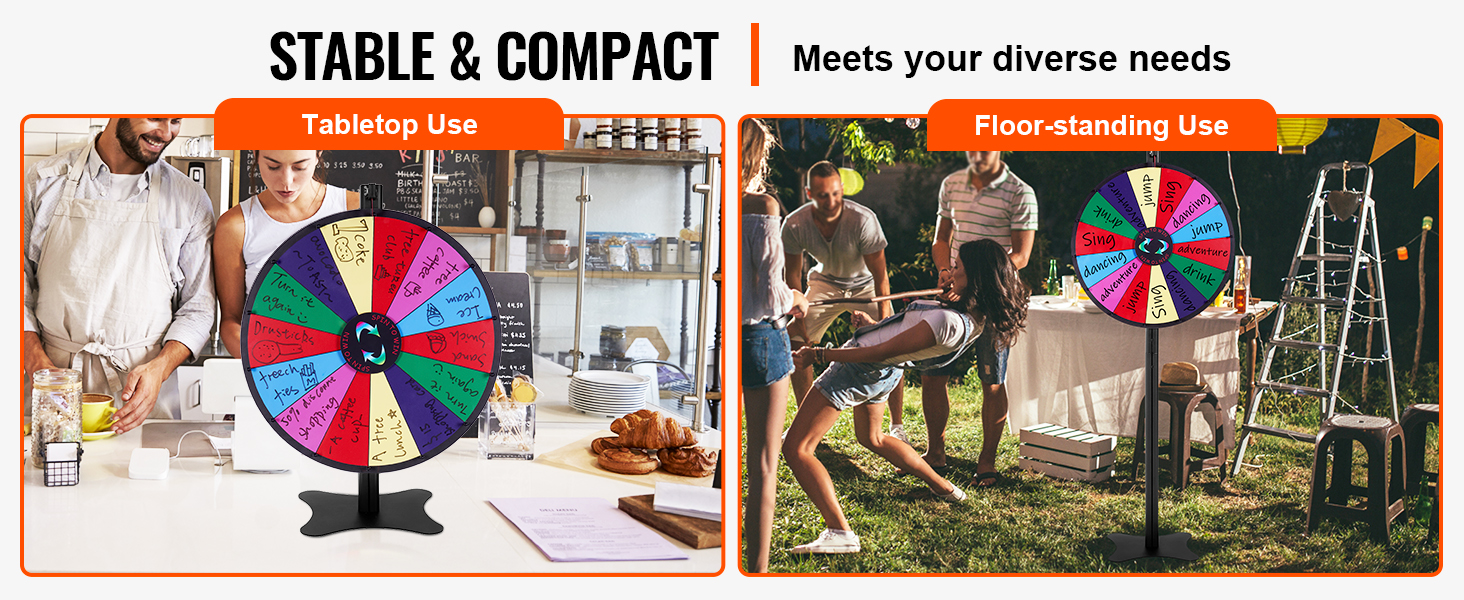 VEVOR spinning prize wheel for tabletop and floor-standing use, perfect for kitchen or outdoor events.