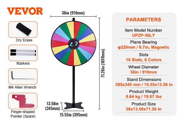 VEVOR spinning prize wheel, 36" diameter, 18 slots in 6 colors, 71.26" tall, includes markers and eraser.