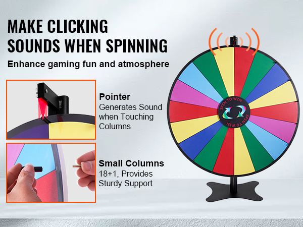 VEVOR spinning prize wheel with 18+1 small columns, colorful segments, pointer produces clicking sounds.