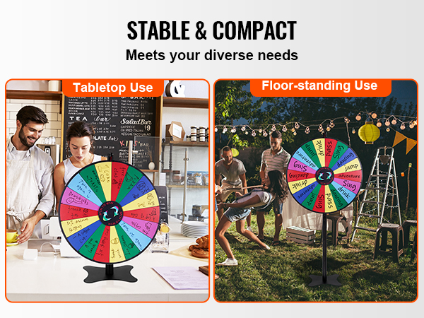 VEVOR spinning prize wheel for tabletop and floor-standing use, great for diverse needs in various settings.