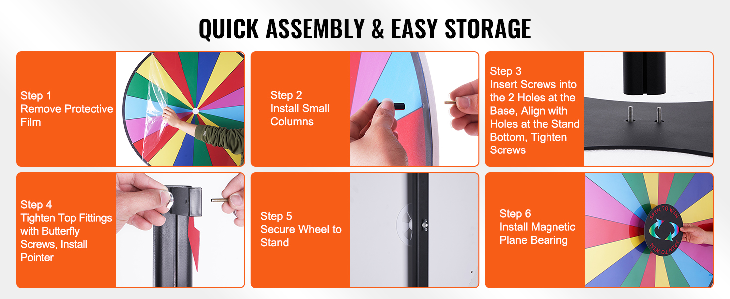 steps to assemble VEVOR spinning prize wheel: remove film, install columns, align screws, secure, add bearing.