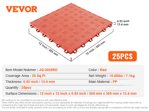 VEVOR garage tiles 25pcs, red, 12x12 inches, 0.53 inch thick, covers 25 sq ft, net weight 15.65lbs.