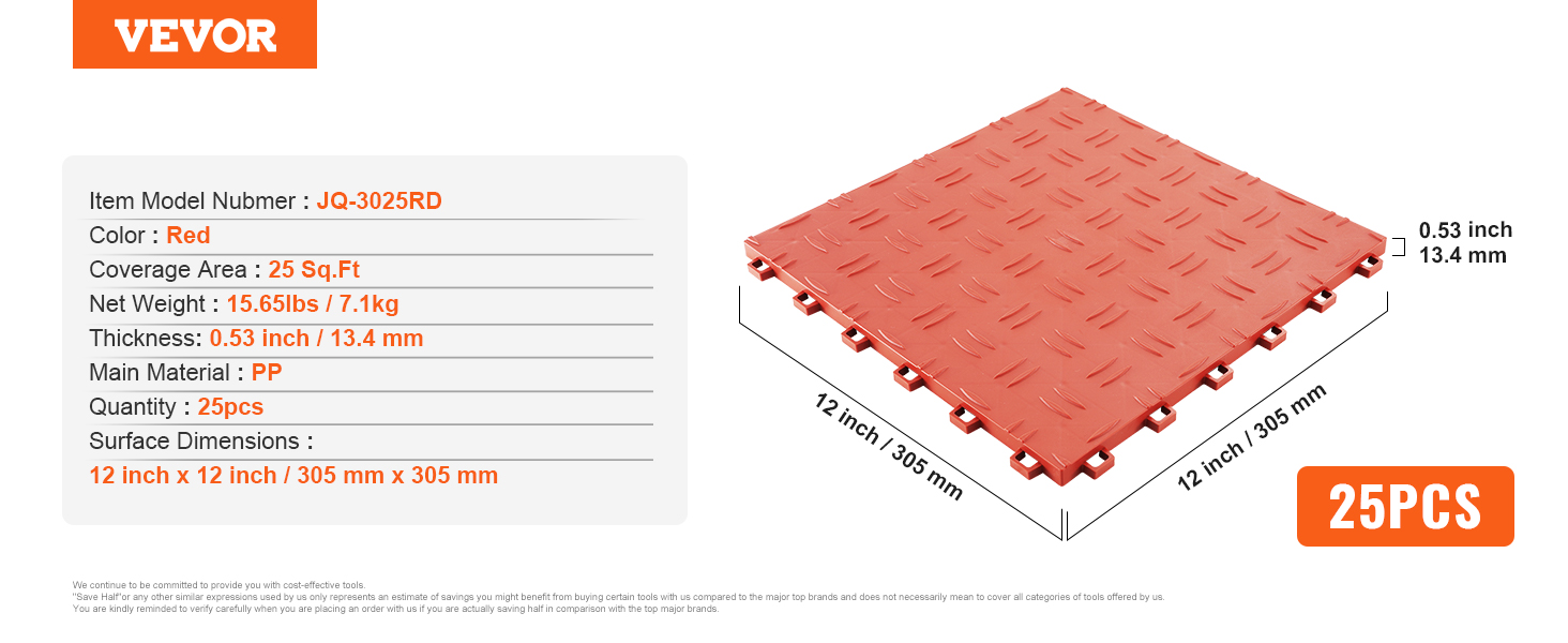 VEVOR garage tiles 25pcs, red, 12x12 inches, 0.53 inch thick, covers 25 sq ft, net weight 15.65lbs.