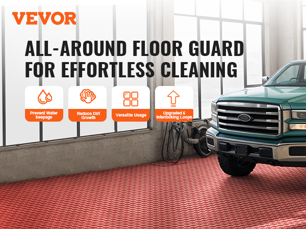 VEVOR garage tiles in a spacious garage with a parked green truck and benefits icons for cleaning, water, and dirt prevention.