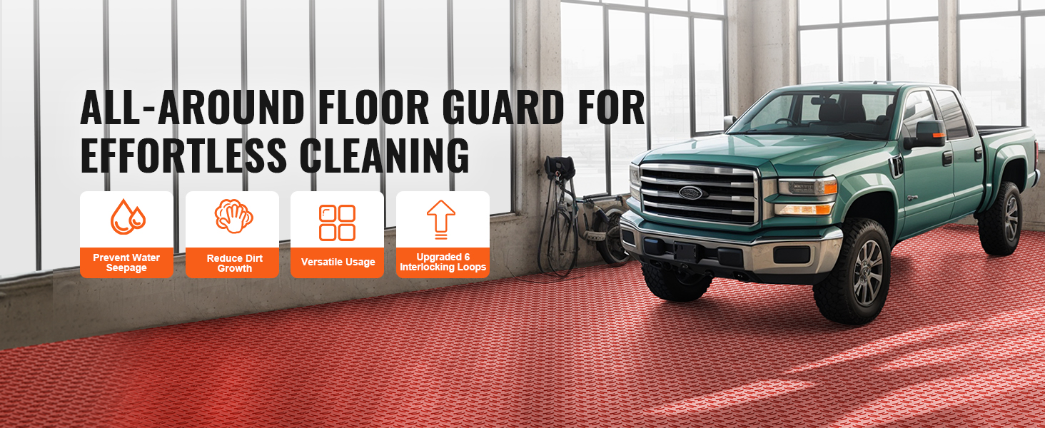 VEVOR garage tiles in a spacious garage with a parked green truck and benefits icons for cleaning, water, and dirt prevention.