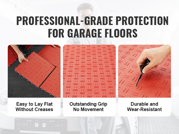 professional-grade VEVOR garage tiles, easy to lay flat, outstanding grip, and wear-resistant.