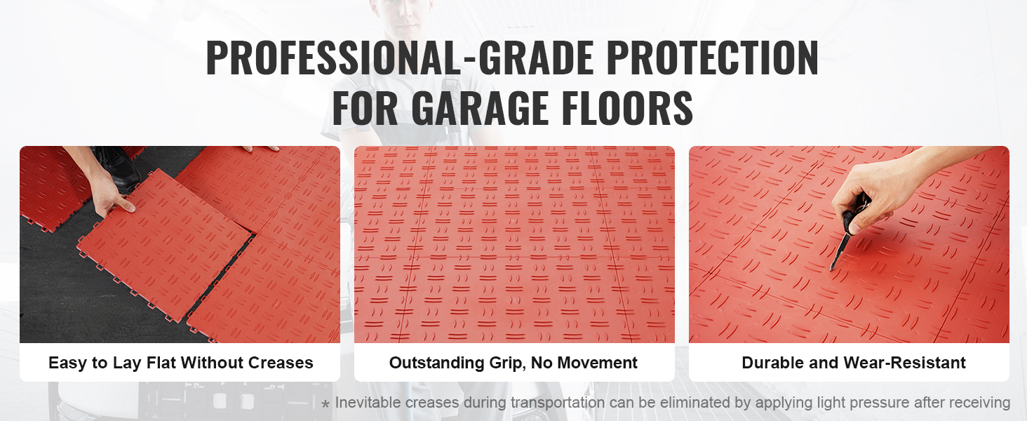 professional-grade VEVOR garage tiles, easy to lay flat, outstanding grip, and wear-resistant.