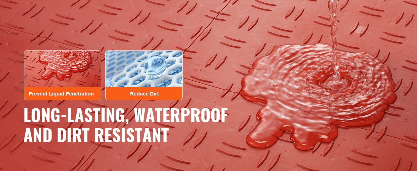 VEVOR garage tiles preventing liquid penetration and reducing dirt on long-lasting, waterproof tiles.