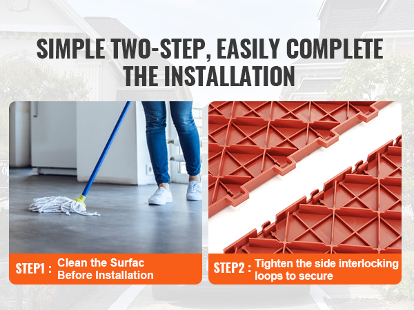 two-step installation: cleaning the surface, followed by securing VEVOR garage tiles with interlocking loops.