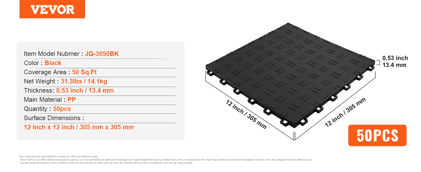 VEVOR garage tiles, black, 50pcs, 12x12 inches, 0.53 inch thick, 50 sq. ft. coverage area, pp material