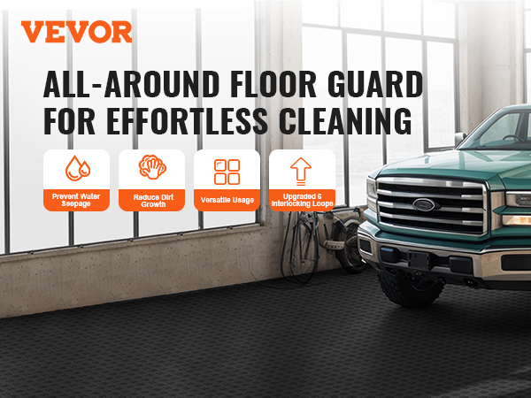 VEVOR garage tiles in a workshop with a green truck, promoting floor protection and ease of cleaning.