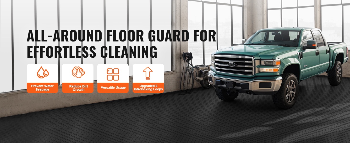 VEVOR garage tiles in a workshop with a green truck, promoting floor protection and ease of cleaning.