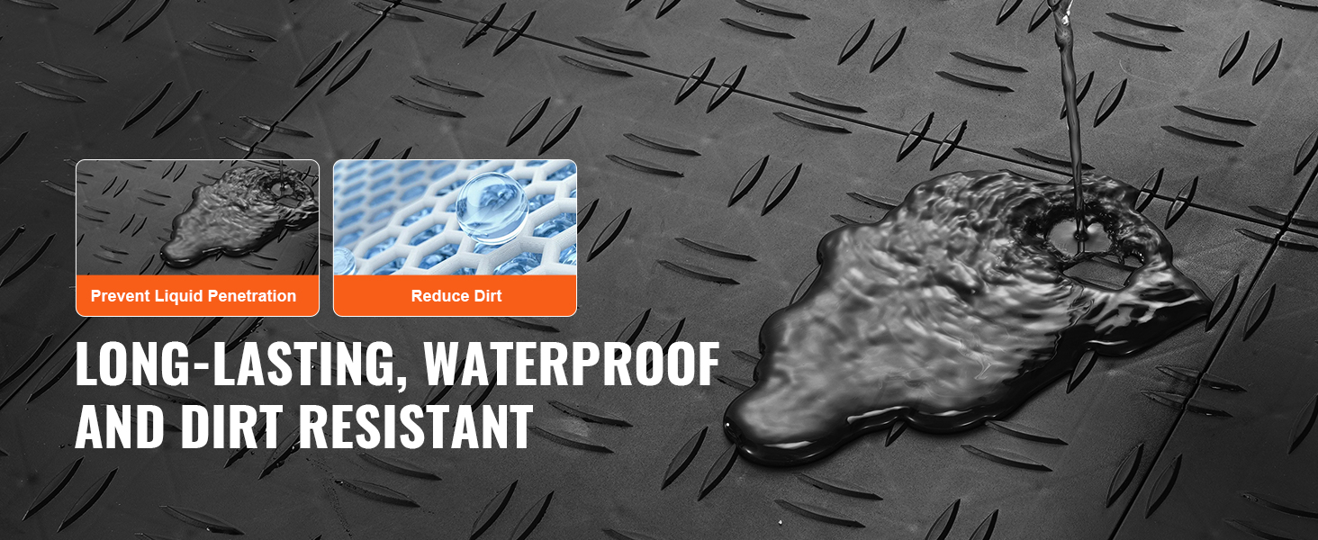 VEVOR garage tiles showing liquid resistance, preventing liquid penetration, and reducing dirt accumulation.