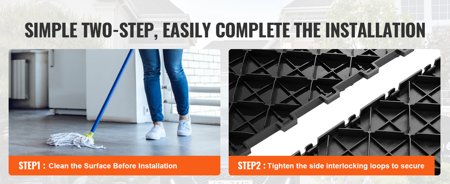 simple two-step installation: clean the surface and tighten interlocking loops for VEVOR garage tiles.