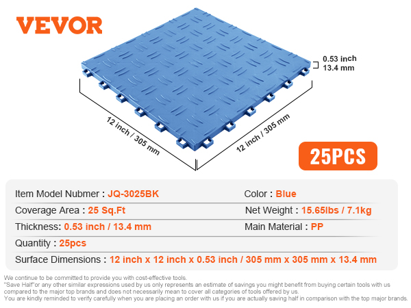 VEVOR blue garage tiles 12x12 inch, 25 sq. ft coverage, pack of 25, made from pp, 0.53-inch thick.
