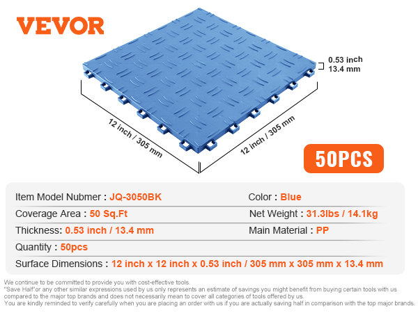 VEVOR garage tiles, blue, 12"x12", 50 pcs, 50 sq.ft coverage, 0.53" thick, pp material, model jq-3050bk.