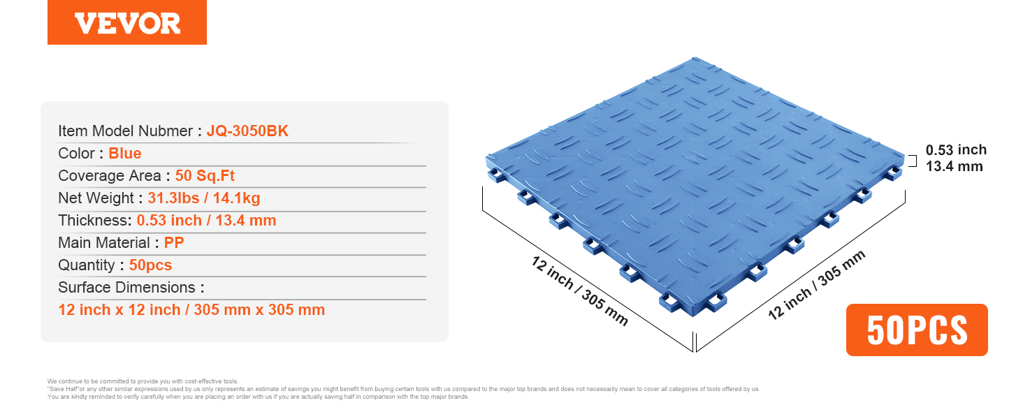 VEVOR garage tiles, blue, 12"x12", 50 pcs, 50 sq.ft coverage, 0.53" thick, pp material, model jq-3050bk.