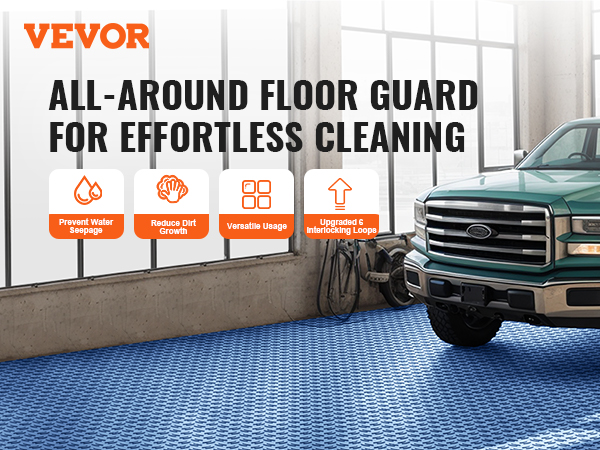 green truck parked on VEVOR garage tiles with benefits icons and "all-around floor guard" text.