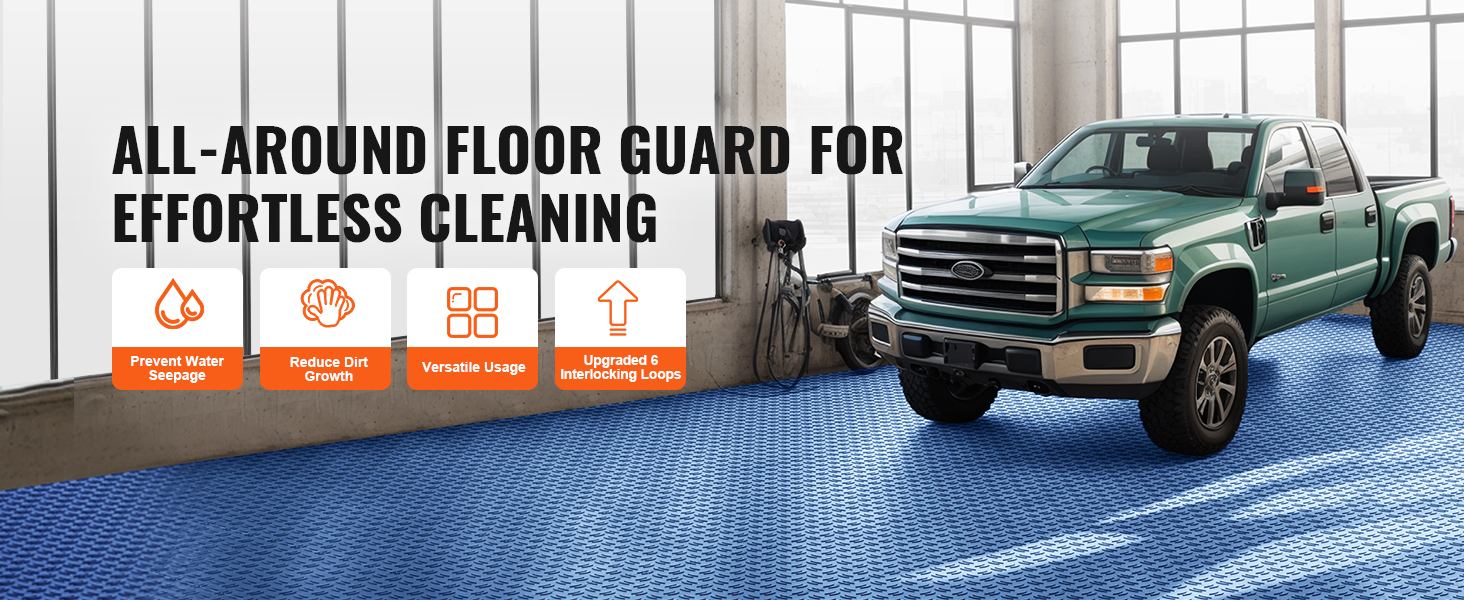 green truck parked on VEVOR garage tiles with benefits icons and "all-around floor guard" text.