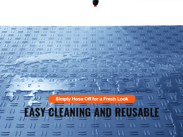 blue VEVOR garage tiles being cleaned with water, showcasing easy cleaning and reusable features.