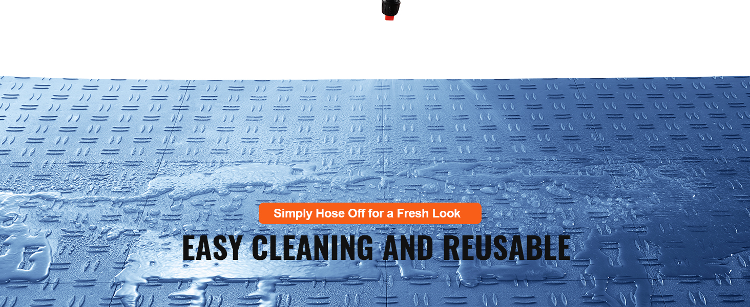 blue VEVOR garage tiles being cleaned with water, showcasing easy cleaning and reusable features.