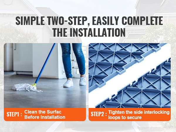 two-step installation: clean surface, secure the interlocking loops of VEVOR garage tiles.