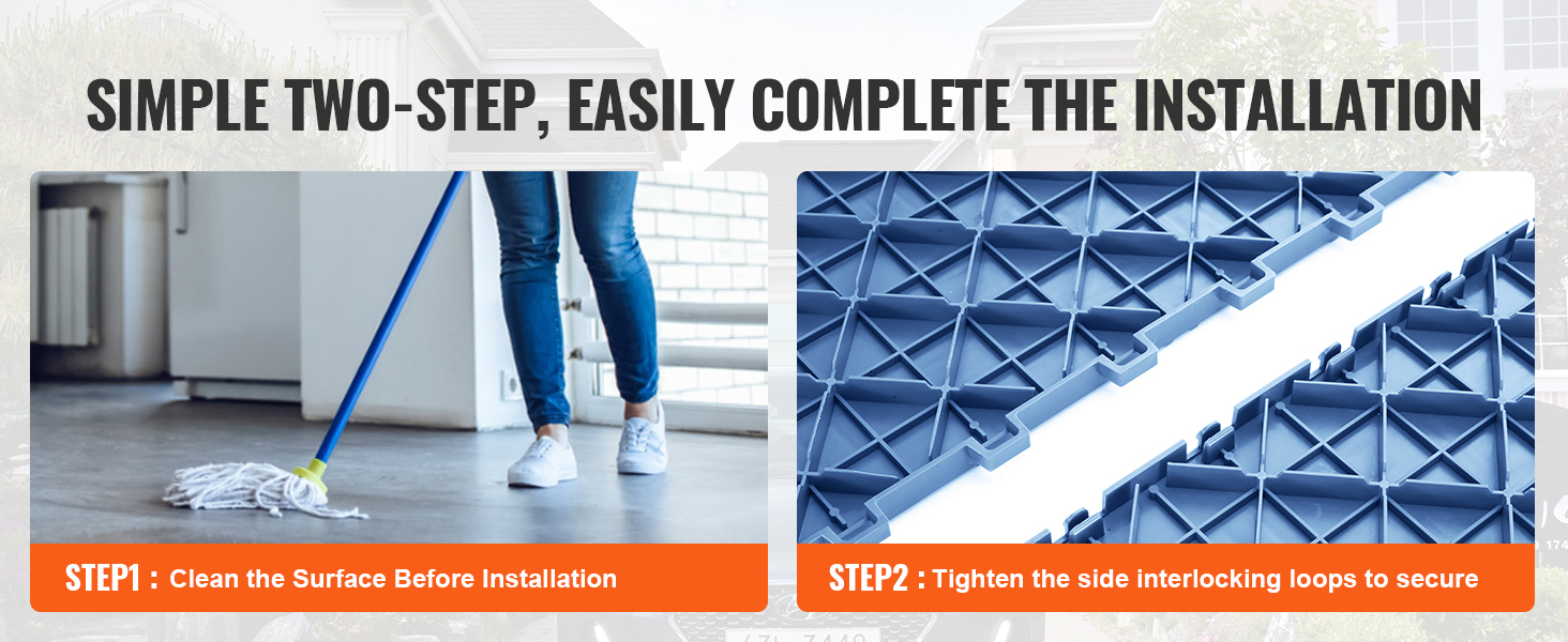 two-step installation: clean surface, secure the interlocking loops of VEVOR garage tiles.