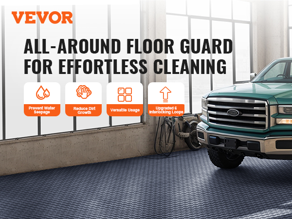VEVOR garage tiles in a garage with a green truck, highlighting water seepage prevention and dirt reduction.
